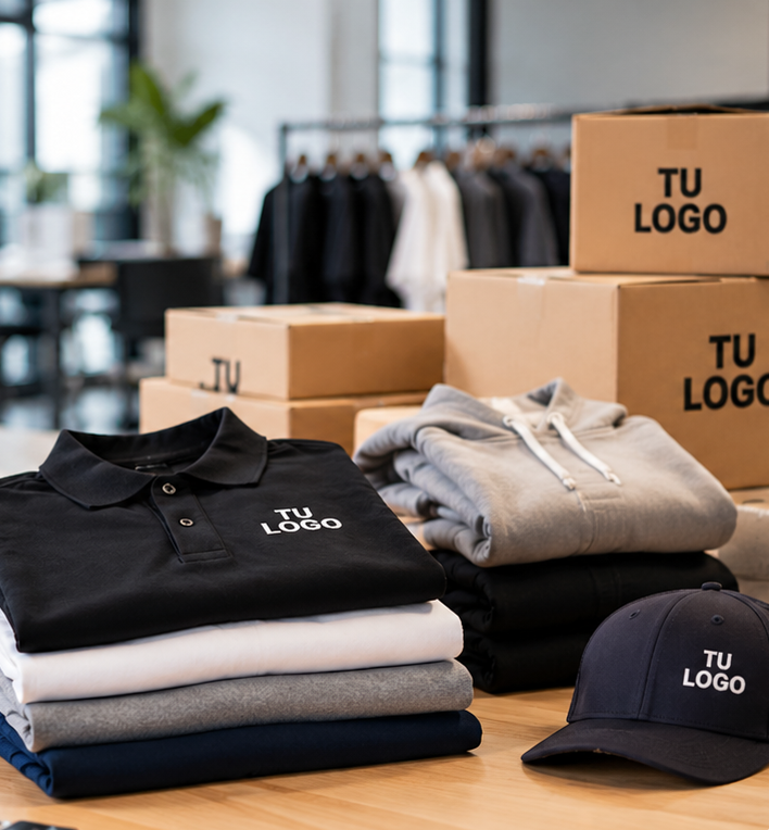 Polos, camisetas, sudaderas y gorra personalizados con logo junto a cajas de envío